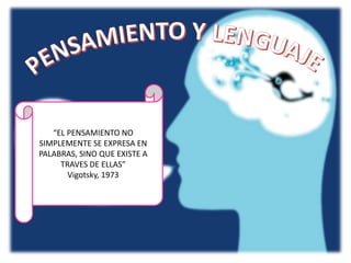 “EL PENSAMIENTO NO
SIMPLEMENTE SE EXPRESA EN
PALABRAS, SINO QUE EXISTE A
TRAVES DE ELLAS”
Vigotsky, 1973
 