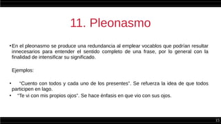 15
11. Pleonasmo
●
En el pleonasmo se produce una redundancia al emplear vocablos que podrían resultar
innecesarios para entender el sentido completo de una frase, por lo general con la
finalidad de intensificar su significado.
Ejemplos:
●
“Cuento con todos y cada uno de los presentes”. Se refuerza la idea de que todos
participen en lago.
●
“Te vi con mis propios ojos”. Se hace énfasis en que vio con sus ojos.
 