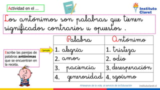 Actividad en el …
Escribe las parejas de
palabras antónimas
que se encuentran en
la receta.
Ejemplo
 