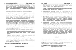 COLEGIODE CIENCIAS LORD KELVIN 5to Año Secundaria LENGUAJE 5to Año Secundaria
S5LE31B “El nuevosímbolo de una buena educación...” S5LE31B “El nuevo símbolo de una buena educación...”
03 04
en general podríamos decir, con Casares, que la jerga limita al sur con la
germanía y el caló, al este y oeste con la terminología artesana, y al norte
con el tecnicismo científico. La voz jerga por sí sola nada nos dice ( no
hablamos de tela). Es preciso añadirse el complemento de la profesión que se
refiere. Y como en ningún caso afecta a la Gramática, aquí hacemos punto
(13)
Eduardo Quirós Sánchez dice de tan peculiar manifestación lingüística:
La jerga se caracteriza por un caudal de voces propias de una actividad o
profesión. La hay en los deportes: bincha, soplapitos, carretilla, planchazo,
guardapiolas, engranado, pitear, taponazo, callejón, vale; en la educación:
sobón, camote, hacerse la vaca, jalado, bueno, soplar, película, profe,
vaquero; en la tauromaquia: talequillas, monosabios, tablas, tercio,
barrenar, pinchazo, pase, pitones, suerte, arrastre, puertas de los sustos,
tierra de nadie, descabellado, trompicón, soberano, puntilla, etc.
La jerga, por su ascendencia popular, no es detestable; quizá enriquece el
idioma con vocablos nuevos o dando a los existentes una diferente acepción,
totalmente nueva. Muchos giros corresponden a vivencias expresadas con
sutileza y basta con buen gusto como “estirar la pata”, “pelar el ojo”, o
“entregar las herramientas” en vez de morir, sucumbir, acabarse, fallecer. Es
notorio el manejo de imágenes porque se da más efectividad a las funciones
del habla que cumple una función emotiva o liberadora. Rompe con el
vulgarismo sin seso y la superioridad intelectual, para buscar matices
ingeniosos con los que afronte, a veces irónicamente o con gracia
incomparable, la dureza de la vida (14)
Fernando Lázaro Carreter, por su parte, formula los siguientes conceptos:
1. Lengua especial de un grupo social diferenciado por sus hablantes soo en
cuanto miembros de ese grupo social. Fuera de él hablan la lengua
general…..
2. Lengua de mal gusto complicada e incomprensible. El término jerga
alterna en esta acepción con el jerigonza (15)
La jerga tiene en cada país nombre distinto. En España se llama germanía o
caló en Italia, furbesque, en Brasil, giria. en Inglaterra o Norteamérica, slang
o cant; en Chile, con; en Bolivia, coba o coa, en Uruguay, malevo, en
Argentina, lunfardo; en Alemania, kokamloachen; en Portugal, gerigonca o
calao; en el Perú, jerga o replana etc.
SISTEMAS DE FORMACIÓN DE PALABRAS EN LA REPLANA
a) Metátesis. Consiste en alterar el orden de las letras de un vocablo, con el
objeto de formar otro. Ejm :”jermu” (mujer), “bonja” (jabón), “merco”
(comer), “camba” ( bacán), “choborra” (borracho), etc.
También se advierte supresión de elementos literales o silábicos dentro de la
metátesis: “corima” (maricón), “mica” (camisa), etc.
b) Representaciones sugestivas. Consiste en el uso figurado de las
expresiones, con cierta dosis de imaginación y buen gusto. Ejm: “pulir tabas”
( caminar ) , “enfriarse” ( morir ), “terno de madera” (metralleta), “lata de
sardinas” ( caja fuerte ), “azotea” ( cabeza ), “jazmines” ( dedos los pies ),
“lechucero” ( chofer nocturno) etc.
c) Personificación. Consiste en utilizar nombres o apellidos dándoles una
nueva significación. Ejm: “Gílberto” ( tonto ), “Cervantes” ( cerveza ),
“Feliciano” ( feliz ), “Federico” ( feo ), “Juanita” ( marihuana ), también se
acude a otros nombres propios o creados. Ejm : “Blancaliza” ( cocaína en
polvo ), “Botánica” ( botella ), “Mesopotamia” ( Mesa ), etc.
d) Extranjerismos .- Consiste en el uso de voces extranjeras, debidamente
adaptadas Ejm: “Capo” ( del italiano capo, jefe ): delincuente avezado o de
mucha experiencia; “luquear” (del inglés to look, mirar ): vigilar ; espiar:
“manyar” (del italiano mangiare, comer, evorar): mirar, espíar, comer;
“monis” ( del inglés money, dinero) dinero, etc.
e) Términos propios. Las jergas usa términos de formación caprichosa,
pertenecientes exclusivamente al mundo delincuencial y muchas veces con
etimología no es clarecida aún. Ejm : “adu” (amigo), “beyunquero”
(delincuente peligroso), “cáncamo” (cigarrillo), “catana” (paliza),
“chamullar” (engañar persuadir, hablar), “fulero”( sin calidad, ordinario),
“huariche” ( escondite, refugio), “jato” (casa, escondite), “tabas” ( zapatos),
“tacuche” (traje), “yara” (prevención, voz de alerta, aviso), etc.
LA SÍLABA
Definición. Es el sonido o grupo de sonidos que pueden ser pronunciados en un
solo esfuerzo muscular de voz. También se puede definir como el menor impulso
respiratorio y muscular en que se divide el habla real.
Clasificación. La sílaba se puede clasificar de acuerdo a varios criterios; sin
embargo se pretende resaltar el punto de vista del acento:
A) Tónica. Es la sílaba que lleva el acento o mayor fuerza de voz.
 