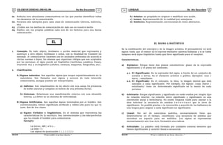 COLEGIODE CIENCIAS LORD KELVIN 5to Año Secundaria LENGUAJE 5to Año Secundaria
S5LE31B “El nuevosímbolo de una buena educación...” S5LE31B “El nuevo símbolo de una buena educación...”
03 04
EL
SIGNO
01. Redacta tres situaciones comunicativas en las que puedas identificar todos
los elementos de la comunicación.
02. Presenta dos ejemplos para cada clase de comunicación (directa, indirecta,
etc)
03. ¿Cuáles son los medios de comunicación de más uso en nuestro medio
04. Explica con tus propias palabras cada uno de los factores para una buena
comunicación.
1. Concepto. Es todo objeto, fenómeno o acción material que representa y
sustituye a otro objeto, fenómeno o señal, con la finalidad de trasmitir un
mensaje. Al comunicarnos hacemos uso de unidades ordenadas de acuerdo a
ciertas normas o leyes, las mismas que organizan códigos que son aceptados
por las personas. el signo puede ser lingüístico (morfemas, palabras, frases,
oraciones etc) y no lingüístico (afiches, estatuas, maquetas, fotografías, etc).
2. Clasificación.
A) Signos naturales. Son aquellos signos que surgen espontáneamente en la
naturaleza. Son llamados casi signos y acrecen de toda intención
comunicativa, aunque pueden ser interpretados.
a) Indicios: Son relacionantes de un efecto con una causa (la presencia
de nubes oscuras y cargadas es indicio de una próxima lluvia).
b) Síntomas: Relacionan una manifestación externa con una situación
interna. La fiebre es un síntoma de enfermedad.
B) Signos Artificiales. Son aquellos signos inventados por el hombre. Son
convencionales, tienen significado atribuido y válido sólo para los que lo
usan. Son de dos clases
a) Signos Verbales o lingüísticos. Es el sistema que representa las
características de la escritura. Son convencionales y los más perfectos
que ha creado el hombre para comunicarse.
Ejemplo:
La letras; ABC; a-b-c...
La tilde (‘)
Los signos de puntuación (.), (,) (:) (;)
b) Señales: su propósito es originar o modificar una acción.
c) Iconos: Representación de la realidad por semejanza.
d) Símbolos: Representación convencional de entes abstractos.
EL SIGNO LINGÜÍSTICO
Es la combinación del concepto y de la imagen acústica. El pensamiento no será
signos hasta que el emisor no lo exprese mediante cadenas habladas y si se habla
tampoco será signo lingüístico hasta que lleve significado para el receptor.
Características.
a) Biplánico: Porque tiene dos planos constitutivos: plano de la expresión
significante) y el plano del contenido.
a.1. El Significante: Es la expresión del signo, a través de un conjunto de
sonidos o letras. Es el elemento acústico o gráfico. Ejemplos: casa /
barco / estudiante.
a.2. El Significado: Es el concepto, la idea, la imagen mental que está
asociada a cada significante. Por ejemplo, los signos: /casa /barco /
estudiante/ tiene un determinado significado en la mente de cada
persona.
b) Arbitrario: Porque significante y significado no están unidos por ningún tipo
de relación interior. La relación entre significado y significante es una
convención social y hereditaria. No existe ninguna razón para asociar a la
idea televisor la secuencia de sonidos t-e-l-e-v-i-s-o-r que le sirve de
significante. Es posible gracias a la convención o acuerdo de los hablantes de
una lengua para asignar a cada significado un significante.
c) Lineal: Por ser de naturaleza auditiva, necesariamente tiene que
desenvolverse en el tiempo; constituyen una secuencia de sonidos que
necesitan un espacio para ser emitidos. Los signos se representan
necesariamente uno tras otro, formando una cadena.
d) Articulado: La palabra está formada por unidades sonoras menores que
tienen significación y carácter lineal o secuencial.
 