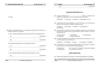 COLEGIODE CIENCIAS LORD KELVIN 5to Año Secundaria LENGUAJE 5to Año Secundaria
S5LE31B “El nuevosímbolo de una buena educación...” S5LE31B “El nuevo símbolo de una buena educación...”
03 04
b) Amigo
06.Realiza la descomposición de las siguientes expresiones de acuerdo a la
doble articulación de la lengua.
a) No es lo mismo dialogar en la calle, que hacerlo en un programa de Tv.
1ra Articulación
............................................................................................................
2da Articulación
...........................................................................................................
b) El abuelo seguía inmóvil, con la mirada en al pared.
1ra Articulación
............................................................................................................
2da Articulación
...........................................................................................................
c) En el próximo examen tendrás que estudiar hasta con velas.
1ra Articulación
............................................................................................................
2da Articulación
...........................................................................................................
EJERCICIOS PROPUESTOS Nº 02
01. El signo lingüísticos es ..................................... porque la relación entre
significado y significante es una convención social y hereditaria.
a) Biplánico b) Articulado c) Arbitrario d) Expandible e) N.a.
02. Característica del signo lingüístico a través del cual se nos indica que la
palabras está formada por unidades mínimas sonoras.
a) Biplánico b) Articulado c) Arbitrario d) Expandible e)
Convencional
03. En el siguiente enunciado: "El signo lingüístico constituye una secuencia de
sonidos que necesitan ocupar un determinado tiempo y espacio". Denota la
característica de:
a) Arbitrariedad b) Mutabilidad c) Inmutabilidad
d) Linealidad e) Doble articulación
04. La palabra TELÉFONO es un medio de comunicación y se pronuncia t e l e f o
n o. Esto explica la característica de:
a) Biplánico b) Arbitrario c) Lineal d) Inmutable e) Mutable
05. Encontramos en el diccionario la palabra RADIO y no tenemos en cuenta lo
que se dice acerca de ella. Solamente hemos obtenido:
a) Significante b) El concepto de la palabrac) El plano del contenido
d) El significado e) La primera articulación
TAREA DOMICILIARIA
01. Presenta dos ejemplos que denoten la característica biplánica del lenguaje.
02. ¿Por qué decimos que el signo lingüístico es mutable? Presenta dos ejemplos.
 