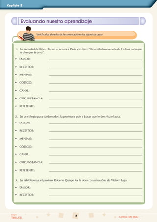 16
Colegios
TRILCE Central: 619 8100
Capítulo 2
Evaluando nuestro aprendizaje
1. En la ciudad de Ilión, Héctor se acerca a Paris y le dice: “He recibido una carta de Helena en la que
te dice que te ama”.
• EMISOR:
• RECEPTOR:
• MENSAJE:
• CÓDIGO:
• CANAL:
• CIRCUNSTANCIA:
• REFERENTE:
2. En un colegio para sordomudos, la profesora pide a Lucas que le describa el aula.
• EMISOR:
• RECEPTOR:
• MENSAJE:
• CÓDIGO:
• CANAL:
• CIRCUNSTANCIA:
• REFERENTE:
3. En la biblioteca, el profesor Roberto Quispe lee la obra Los miserables de Víctor Hugo.
• EMISOR:
• RECEPTOR:
Identifica los elementos de la comunicación en los siguientes casos.
 