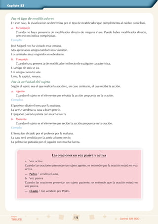 172
Colegios
TRILCE Central: 619 8100
Capítulo 23
Por el tipo de modificadores
En este caso, la clasificación se determina por el tipo de modificador que complementa al núcleo o núcleos.
a. Incomplejo
Cuando no haya presencia de modificador directo de ninguna clase. Puede haber modificador directo,
pero eso no indica complejidad.
Ejemplo:
José Miguel nos ha visitado esta semana.
Mis apreciados amigos también nos visitaron.
Los animales muy engreídos no obedecen.
b. Complejo
Cuando haya presencia de modificador indirecto de cualquier característica.
El amigo de Luis se va.
Un amigo como tú vale.
Lima, la capital, renace.
Por la actividad del sujeto
Según el sujeto sea el que realice la acción o, en caso contrario, el que reciba la acción.
a. Agente
Cuando el sujeto es el elemento que efectúa la acción propuesta en la oración.
Ejemplo::
El profesor dictó el tema por la mañana.
La actriz venderá su casa a buen precio.
El jugador pateó la pelota con mucha fuerza.
b. Paciente
Cuando el sujeto es el elemento que recibe la acción propuesta en la oración.
Ejemplo:
El tema fue dictado por el profesor por la mañana.
La casa será vendida por la actriz a buen precio.
La pelota fue pateada por el jugador con mucha fuerza.
Las oraciones en voz pasiva y activa
a. Voz activa
Cuando las oraciones presentan un sujeto agente, se entiende que la oración estará en voz
activa.
—
— Pedro /  vendió el auto.
b. Voz pasiva
Cuando las oraciones presentan un sujeto paciente, se entiende que la oración estará en
voz pasiva.
—
— El auto /  fue vendido por Pedro.
 