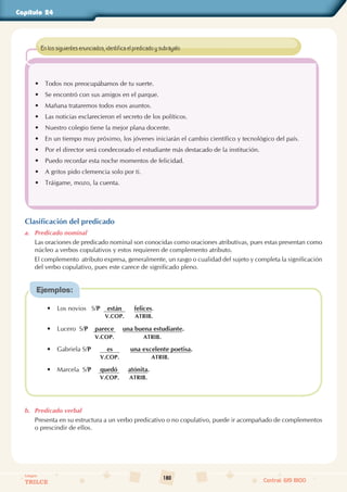 180
Colegios
TRILCE Central: 619 8100
Capítulo 24
• Todos nos preocupábamos de tu suerte.
• Se encontró con sus amigos en el parque.
• Mañana trataremos todos esos asuntos.
• Las noticias esclarecieron el secreto de los políticos.
• Nuestro colegio tiene la mejor plana docente.
• En un tiempo muy próximo, los jóvenes iniciarán el cambio científico y tecnológico del país.
• Por el director será condecorado el estudiante más destacado de la institución.
• Puedo recordar esta noche momentos de felicidad.
• A gritos pido clemencia solo por ti.
• Tráigame, mozo, la cuenta.
En los siguientes enunciados, identifica el predicado y subráyalo.
Clasificación del predicado
a. Predicado nominal
Las oraciones de predicado nominal son conocidas como oraciones atributivas, pues estas presentan como
núcleo a verbos copulativos y estos requieren de complemento atributo.
El complemento  atributo expresa, generalmente, un rasgo o cualidad del sujeto y completa la significación
del verbo copulativo, pues este carece de significado pleno.
Ejemplos:
• Los novios   S/P están felices.
• Lucero  S/P parece una buena estudiante.
• Gabriela S/P es una excelente poetisa.
• Marcela  S/P quedó atónita.
V.COP.
V.COP.
V.COP.
V.COP.
ATRIB.
ATRIB.
ATRIB.
ATRIB.
b. Predicado verbal
Presenta en su estructura a un verbo predicativo o no copulativo, puede ir acompañado de complementos
o prescindir de ellos.
 