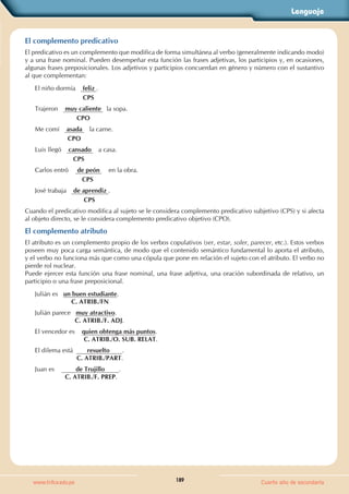 Lenguaje
189
www.trilce.edu.pe Cuarto año de secundaria
El complemento predicativo
El predicativo es un complemento que modifica de forma simultánea al verbo (generalmente indicando modo)
y a una frase nominal. Pueden desempeñar esta función las frases adjetivas, los participios y, en ocasiones,
algunas frases preposicionales. Los adjetivos y participios concuerdan en género y número con el sustantivo
al que complementan:
El niño dormía    feliz .
                                 CPS
Trajeron    muy caliente   la sopa.
                             CPO
Me comí    asada    la carne.
                         CPO
Luis llegó    cansado    a casa.
                           CPS
Carlos entró     de peón     en la obra.
                                CPS
José trabaja    de aprendiz .
                                 CPS
Cuando el predicativo modifica al sujeto se le considera complemento predicativo subjetivo (CPS) y si afecta
al objeto directo, se le considera complemento predicativo objetivo (CPO).
El complemento atributo
El atributo es un complemento propio de los verbos copulativos (ser, estar, soler, parecer, etc.). Estos verbos
poseen muy poca carga semántica, de modo que el contenido semántico fundamental lo aporta el atributo,
y el verbo no funciona más que como una cópula que pone en relación el sujeto con el atributo. El verbo no
pierde rol nuclear.
Puede ejercer esta función una frase nominal, una frase adjetiva, una oración subordinada de relativo, un
participio o una frase preposicional.
Julián es   un buen estudiante.
                          C. ATRIB./FN
Julián parece   muy atractivo.
                            C. ATRIB./F. ADJ.
El vencedor es    quien obtenga más puntos.
                                 C. ATRIB./O. SUB. RELAT.
El dilema está        resuelto .
                             C. ATRIB./PART.
Juan es            de Trujillo .
                       C. ATRIB./F. PREP.
 