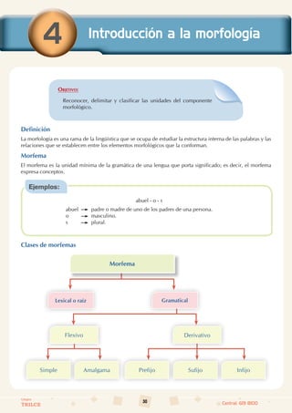 30
Colegios
TRILCE Central: 619 8100
Objetivo:
Reconocer, delimitar y clasificar las unidades del componente
morfológico.
Definición
La morfología es una rama de la lingüística que se ocupa de estudiar la estructura interna de las palabras y las
relaciones que se establecen entre los elementos morfológicos que la conforman.
Morfema
El morfema es la unidad mínima de la gramática de una lengua que porta significado; es decir, el morfema
expresa conceptos.
Ejemplos:
abuel - o - s
abuel   padre o madre de uno de los padres de una persona.
o   masculino.
s   plural.
Clases de morfemas
Morfema
Flexivo
Simple Amalgama Infijo
Sufijo
Prefijo
Derivativo
Lexical o raíz Gramatical
4 Introducción a la morfología
 