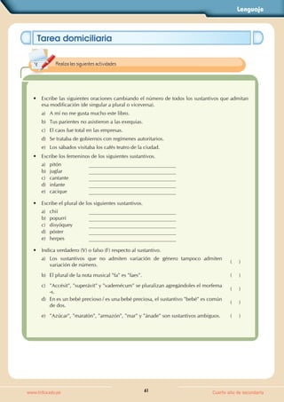 Lenguaje
61
www.trilce.edu.pe Cuarto año de secundaria
Tarea domiciliaria
• Escribe las siguientes oraciones cambiando el número de todos los sustantivos que admitan
esa modificación (de singular a plural o viceversa).
a) A mí no me gusta mucho este libro.
b) Tus parientes no asistieron a las exequias.
c) El caos fue total en las empresas.
d) Se trataba de gobiernos con regímenes autoritarios.
e) Los sábados visitaba los cafés teatro de la ciudad.
• Escribe los femeninos de los siguientes sustantivos.
a) pitón
b) juglar
c) cantante
d) infante
e) cacique
• Escribe el plural de los siguientes sustantivos.
a) chií
b) popurrí
c) disyóquey
d) póster
e) herpes
• Indica verdadero (V) o falso (F) respecto al sustantivo.
a) Los sustantivos que no admiten variación de género tampoco admiten
variación de número.
(     )
b) El plural de la nota musical "fa" es "faes". (     )
c) "Accésit", "superávit" y "vademécum" se pluralizan agregándoles el morfema
-s.
(     )
d) En es un bebé precioso / es una bebé preciosa, el sustantivo "bebé" es común
de dos.
(     )
e) "Azúcar", "maratón", "armazón", "mar" y "ánade" son sustantivos ambiguos. (     )
Realiza las siguientes actividades.
 