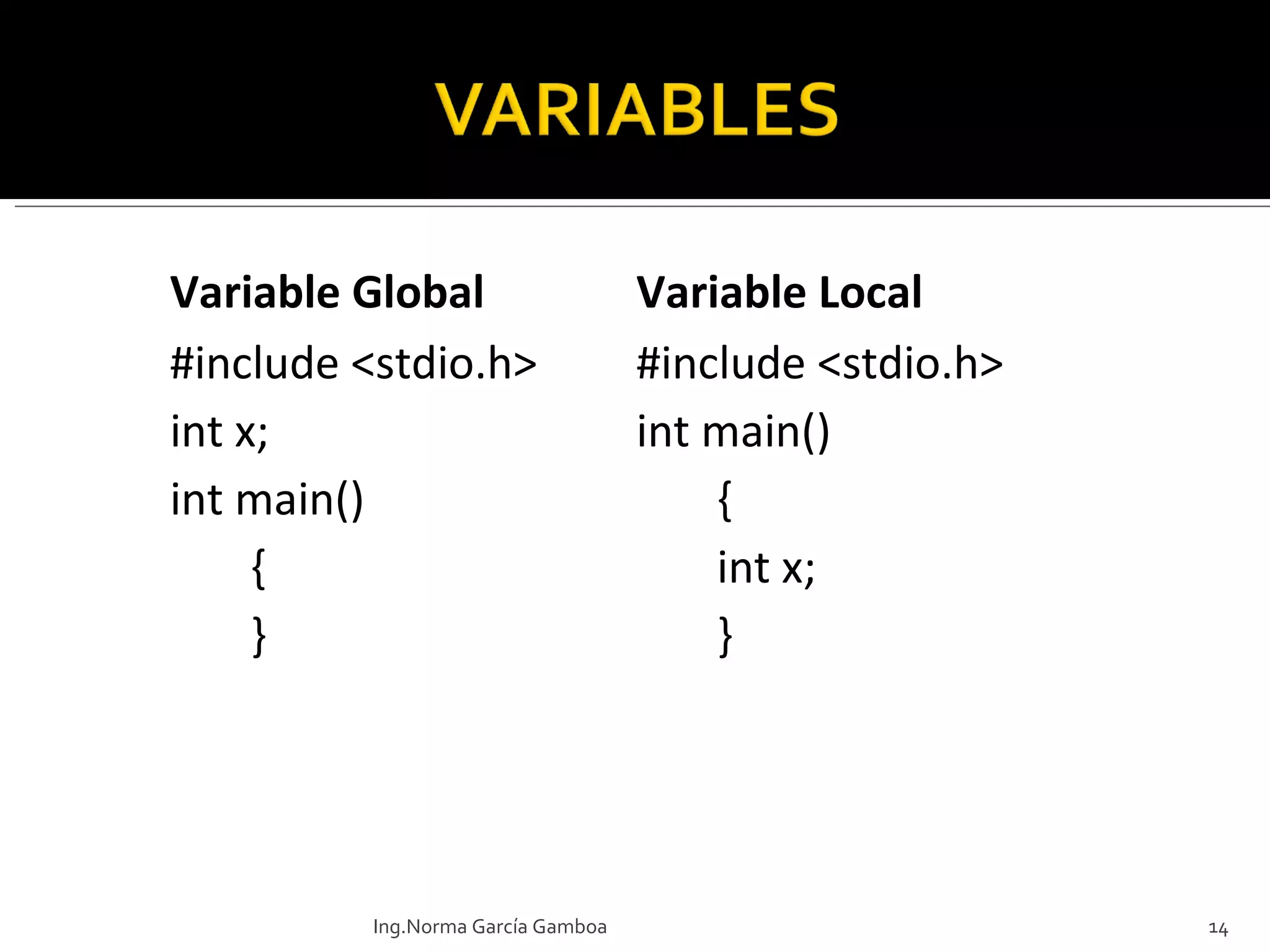 Ing.Norma García Gamboa Variable Global   Variable Local   #include <stdio.h> int x; int main() { } #include <stdio.h> int main() { int x; } 