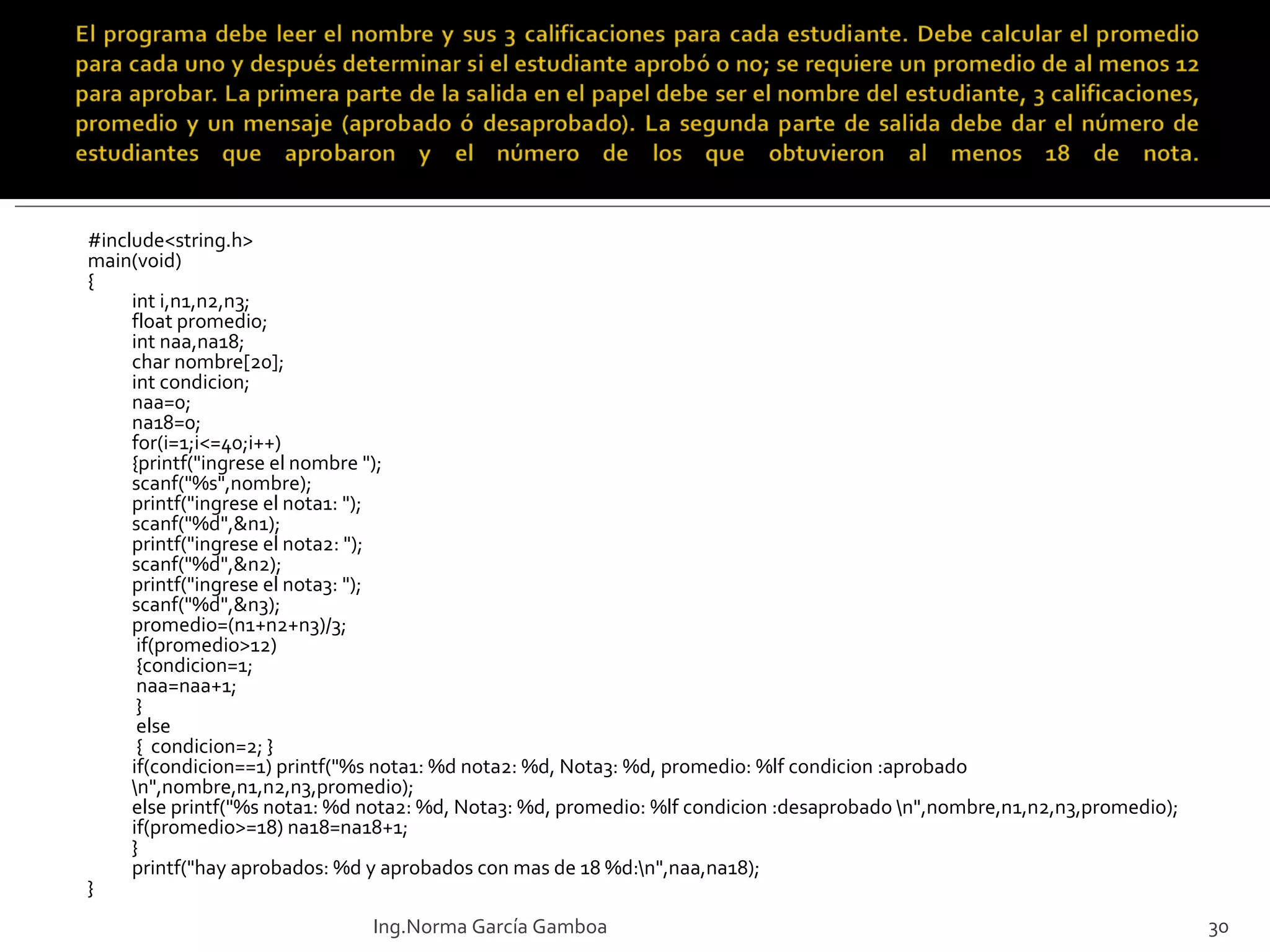 #include<string.h> main(void) { int i,n1,n2,n3; float promedio; int naa,na18; char nombre[20]; int condicion; naa=0; na18=0; for(i=1;i<=40;i++) {printf("ingrese el nombre "); scanf("%s",nombre); printf("ingrese el nota1: "); scanf("%d",&n1); printf("ingrese el nota2: "); scanf("%d",&n2); printf("ingrese el nota3: "); scanf("%d",&n3); promedio=(n1+n2+n3)/3;  if(promedio>12)  {condicion=1;  naa=naa+1;  }  else  {  condicion=2; } if(condicion==1) printf("%s nota1: %d nota2: %d, Nota3: %d, promedio: %lf condicion :aprobado \n",nombre,n1,n2,n3,promedio); else printf("%s nota1: %d nota2: %d, Nota3: %d, promedio: %lf condicion :desaprobado \n",nombre,n1,n2,n3,promedio); if(promedio>=18) na18=na18+1; } printf("hay aprobados: %d y aprobados con mas de 18 %d:\n",naa,na18); } Ing.Norma García Gamboa 