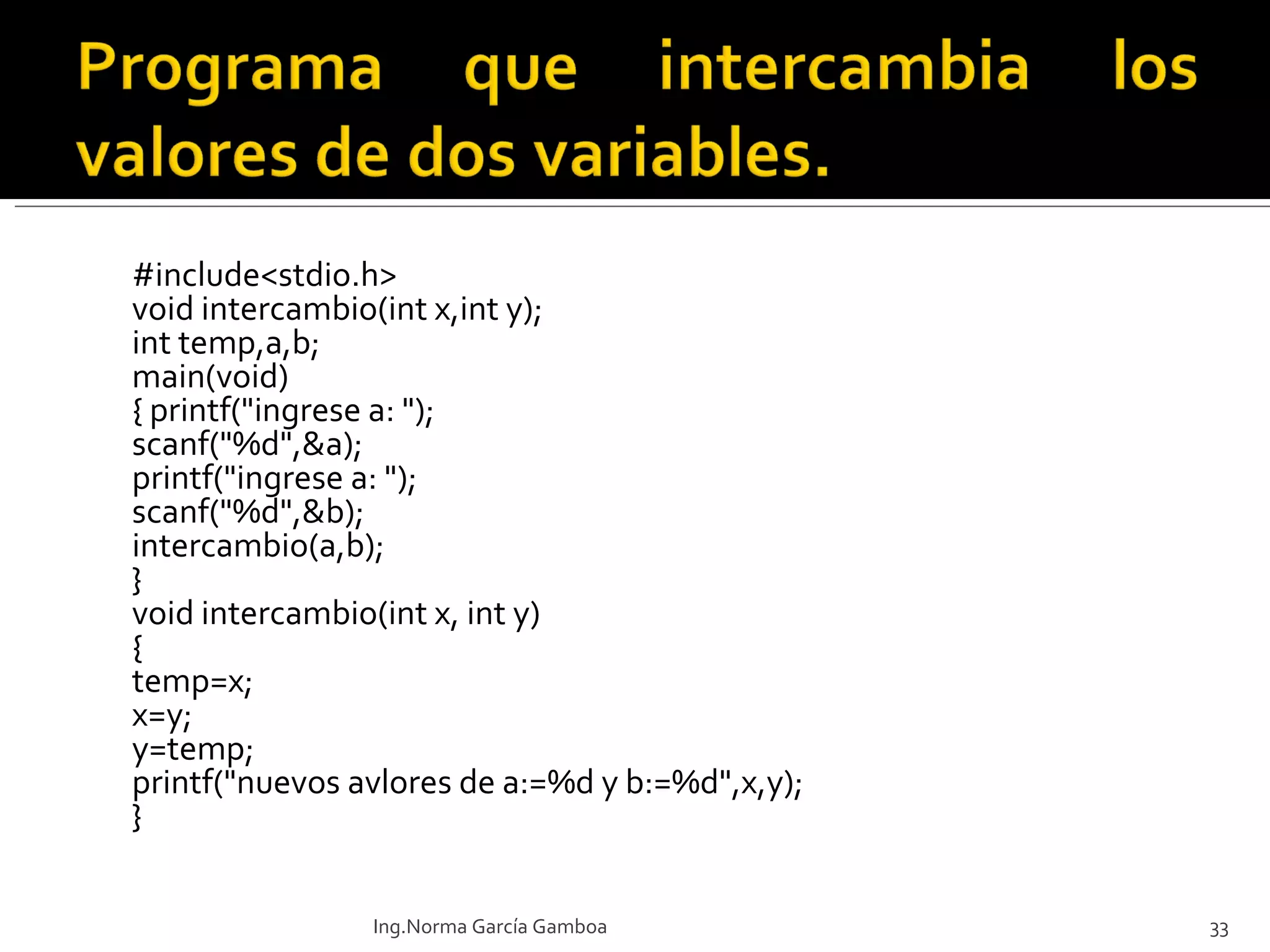 #include<stdio.h> void intercambio(int x,int y); int temp,a,b; main(void) { printf("ingrese a: "); scanf("%d",&a); printf("ingrese a: "); scanf("%d",&b); intercambio(a,b); } void intercambio(int x, int y) { temp=x; x=y; y=temp; printf("nuevos avlores de a:=%d y b:=%d",x,y); } Ing.Norma García Gamboa 