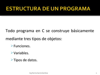 Todo programa en C se construye básicamente mediante tres tipos de objetos:  Funciones. Variables. Tipos de datos.  Ing.Norma García Gamboa 