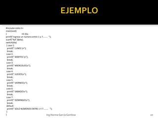 #include<stdio.h> main(void) { int dia; printf("ingrese un número entre 1 y 7........  "); scanf("%d",&dia); switch(dia)  { case 1:   printf(" LUNES \n");   break;  case 2:   printf(" MARTES \n");   break;  case 3:   printf(" MIERCOLES\n");   break;  case 4:   printf(" JUEVES\n");   break;  case 5:   printf(" VIERNES\n");   break;  case 6:   printf(" SABADO\n");   break;  case 7:   printf(" DOMINGO\n");   break;  default:   printf(" SOLO NÚMEROS ENTRE 1 Y 7........   ");  } } Ing.Norma García Gamboa 