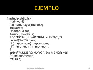 #include<stdio.h> main(void) {int num,mayor,menor,x;  mayor=0;   menor=10000;  for(x=1; x<=8;x++)  { printf("INGRESAR NÚMERO %d\n",x);   scanf("%d",&num);   if(mayor<num) mayor=num;   if(menor>num) menor=num;  }  printf("NÚMERO MAYOR: %d MENOR: %d \n",mayor,menor); return 0; } Ing.Norma García Gamboa 