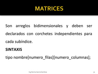 Son arreglos bidimensionales y deben ser declarados con corchetes independientes para cada subíndice.  SINTAXIS tipo nombre[numero_filas][numero_columnas]; Ing.Norma García Gamboa 