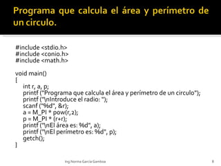 #include <stdio.h> #include <conio.h> #include <math.h>   void main()  { int r, a, p; printf ("Programa que calcula el área y perímetro de un circulo"); printf ("\nIntroduce el radio: "); scanf ("%d", &r); a = M_PI * pow(r,2); p = M_PI * (r+r); printf ("\nEl área es: %d", a); printf ("\nEl perímetro es: %d", p); getch(); } Ing.Norma García Gamboa 