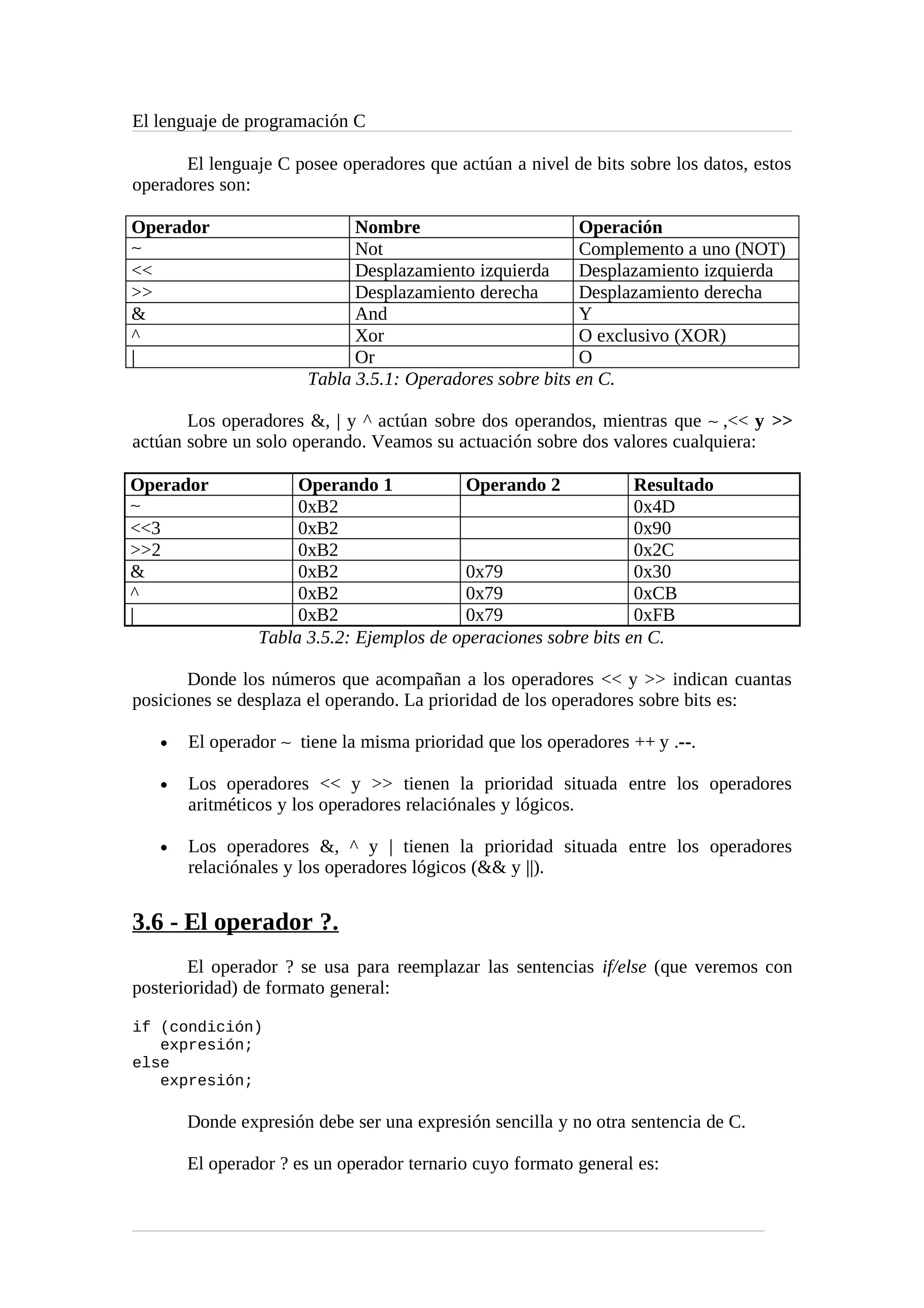 El lenguaje de programación C
El lenguaje C posee operadores que actúan a nivel de bits sobre los datos, estos
operadores son:
Operador Nombre Operación
∼ Not Complemento a uno (NOT)
<< Desplazamiento izquierda Desplazamiento izquierda
>> Desplazamiento derecha Desplazamiento derecha
& And Y
^ Xor O exclusivo (XOR)
| Or O
Tabla 3.5.1: Operadores sobre bits en C.
Los operadores &, | y ^ actúan sobre dos operandos, mientras que ∼ ,<< y >>
actúan sobre un solo operando. Veamos su actuación sobre dos valores cualquiera:
Operador Operando 1 Operando 2 Resultado
∼ 0xB2 0x4D
<<3 0xB2 0x90
>>2 0xB2 0x2C
& 0xB2 0x79 0x30
^ 0xB2 0x79 0xCB
| 0xB2 0x79 0xFB
Tabla 3.5.2: Ejemplos de operaciones sobre bits en C.
Donde los números que acompañan a los operadores << y >> indican cuantas
posiciones se desplaza el operando. La prioridad de los operadores sobre bits es:
• El operador ∼ tiene la misma prioridad que los operadores ++ y .--.
• Los operadores << y >> tienen la prioridad situada entre los operadores
aritméticos y los operadores relaciónales y lógicos.
• Los operadores &, ^ y | tienen la prioridad situada entre los operadores
relaciónales y los operadores lógicos (&& y ||).
3.6 - El operador ?.
El operador ? se usa para reemplazar las sentencias if/else (que veremos con
posterioridad) de formato general:
if (condición)
expresión;
else
expresión;
Donde expresión debe ser una expresión sencilla y no otra sentencia de C.
El operador ? es un operador ternario cuyo formato general es:
 