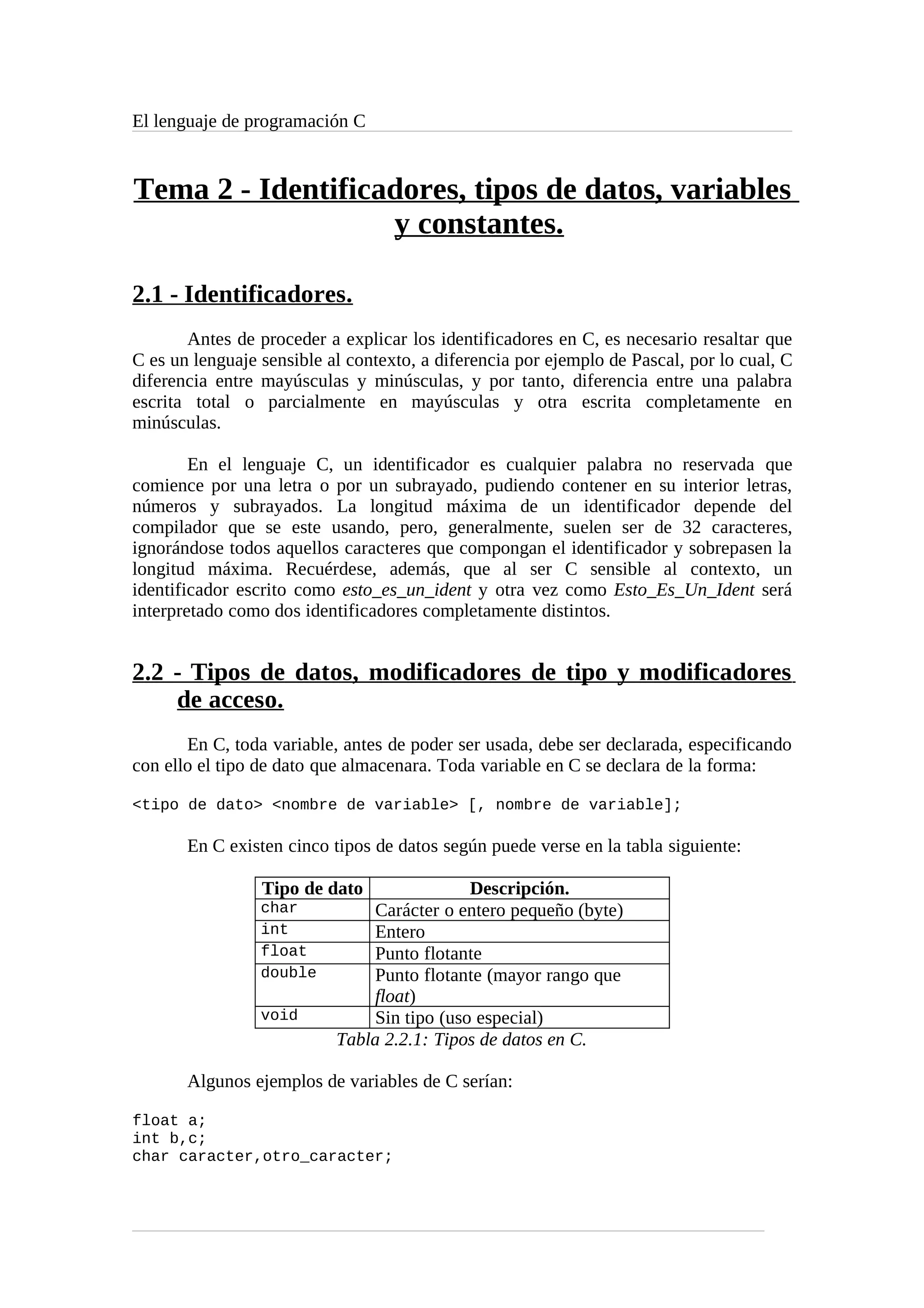 El lenguaje de programación C
Tema 2 - Identificadores, tipos de datos, variables
y constantes.
2.1 - Identificadores.
Antes de proceder a explicar los identificadores en C, es necesario resaltar que
C es un lenguaje sensible al contexto, a diferencia por ejemplo de Pascal, por lo cual, C
diferencia entre mayúsculas y minúsculas, y por tanto, diferencia entre una palabra
escrita total o parcialmente en mayúsculas y otra escrita completamente en
minúsculas.
En el lenguaje C, un identificador es cualquier palabra no reservada que
comience por una letra o por un subrayado, pudiendo contener en su interior letras,
números y subrayados. La longitud máxima de un identificador depende del
compilador que se este usando, pero, generalmente, suelen ser de 32 caracteres,
ignorándose todos aquellos caracteres que compongan el identificador y sobrepasen la
longitud máxima. Recuérdese, además, que al ser C sensible al contexto, un
identificador escrito como esto_es_un_ident y otra vez como Esto_Es_Un_Ident será
interpretado como dos identificadores completamente distintos.
2.2 - Tipos de datos, modificadores de tipo y modificadores
de acceso.
En C, toda variable, antes de poder ser usada, debe ser declarada, especificando
con ello el tipo de dato que almacenara. Toda variable en C se declara de la forma:
<tipo de dato> <nombre de variable> [, nombre de variable];
En C existen cinco tipos de datos según puede verse en la tabla siguiente:
Tipo de dato Descripción.
char Carácter o entero pequeño (byte)
int Entero
float Punto flotante
double Punto flotante (mayor rango que
float)
void Sin tipo (uso especial)
Tabla 2.2.1: Tipos de datos en C.
Algunos ejemplos de variables de C serían:
float a;
int b,c;
char caracter,otro_caracter;
 