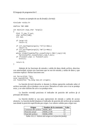 El lenguaje de programación C
Veamos un ejemplo de uso de fread() y fwrite():
#include <stdio.h>
#define TAM 1000
int main(int argc,char *argv[])
{
FILE *f_inp,*f_out;
char buffer[TAM];
int num;
if (argc!=3)
return 0;
if ((f_inp=fopen(argv[1],"rb"))==NULL)
return 0;
if ((f_out=fopen(argv[2],"wb"))==NULL)
exit(1);
while ((num=fread(buffer,sizeof(char),TAM,f_inp))!=0)
fwrite(buffer,sizeof(char),num,f_out);
if (fclose(f_inp) || fclose(f_out)
exit(1);
return 0;
}
Además de las funciones de entrada y salida de datos desde archivo, descritas
con anterioridad, existen tres funciones que no son de entrada y salida de datos y que
conviene explicar. Dichas funciones son:
int ferror(FILE *fp);
void rewind(FILE *fp);
int fseek(FILE *fp,long num,int origen);
La función ferror() devuelve si durante la última operación realizada sobre el
archivo asociado a fp se produjo o no un error. Devuelve el valor cero si no se produjo
error, y un valor distinto de cero si se produjo error.
La función rewind() posiciona el indicador de posición del archivo fp al
principio del mismo.
La función fseek() se usa para operaciones de entrada y salida de acceso
aleatorio. La función fseek() desplaza el indicador de posición del archivo fp un tamaño
num desde la posición especificada por origen. Los valores validos para origen son:
Origen Nombre de la constante Valor
Comienzo del archivo SEEK_SET 0
Posición actual SEEK_CUR 1
Final del archivo SEEK_END 2
Tabla 10.2.2: Valores del origen en la función fseek().
 