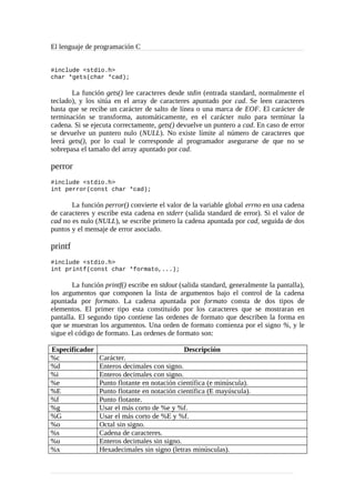 El lenguaje de programación C
#include <stdio.h>
char *gets(char *cad);
La función gets() lee caracteres desde stdin (entrada standard, normalmente el
teclado), y los sitúa en el array de caracteres apuntado por cad. Se leen caracteres
hasta que se recibe un carácter de salto de línea o una marca de EOF. El carácter de
terminación se transforma, automáticamente, en el carácter nulo para terminar la
cadena. Si se ejecuta correctamente, gets() devuelve un puntero a cad. En caso de error
se devuelve un puntero nulo (NULL). No existe límite al número de caracteres que
leerá gets(), por lo cual le corresponde al programador asegurarse de que no se
sobrepasa el tamaño del array apuntado por cad.
perror
#include <stdio.h>
int perror(const char *cad);
La función perror() convierte el valor de la variable global errno en una cadena
de caracteres y escribe esta cadena en stderr (salida standard de error). Si el valor de
cad no es nulo (NULL), se escribe primero la cadena apuntada por cad, seguida de dos
puntos y el mensaje de error asociado.
printf
#include <stdio.h>
int printf(const char *formato,...);
La función printf() escribe en stdout (salida standard, generalmente la pantalla),
los argumentos que componen la lista de argumentos bajo el control de la cadena
apuntada por formato. La cadena apuntada por formato consta de dos tipos de
elementos. El primer tipo esta constituido por los caracteres que se mostraran en
pantalla. El segundo tipo contiene las ordenes de formato que describen la forma en
que se muestran los argumentos. Una orden de formato comienza por el signo %, y le
sigue el código de formato. Las ordenes de formato son:
Especificador Descripción
%c Carácter.
%d Enteros decimales con signo.
%i Enteros decimales con signo.
%e Punto flotante en notación científica (e minúscula).
%E Punto flotante en notación científica (E mayúscula).
%f Punto flotante.
%g Usar el más corto de %e y %f.
%G Usar el más corto de %E y %f.
%o Octal sin signo.
%s Cadena de caracteres.
%u Enteros decimales sin signo.
%x Hexadecimales sin signo (letras minúsculas).
 