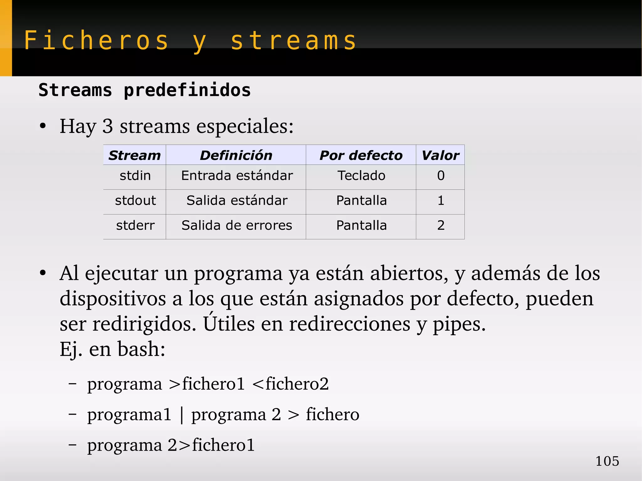 Ficheros y streams
Streams predefinidos
●
    Hay 3 streams especiales:
          Stream      Definición        Por defecto   Valor
           stdin    Entrada estándar      Teclado       0
           stdout   Salida estándar       Pantalla      1
           stderr   Salida de errores     Pantalla      2


●
    Al ejecutar un programa ya están abiertos, y además de los 
    dispositivos a los que están asignados por defecto, pueden 
    ser redirigidos. Útiles en redirecciones y pipes.
    Ej. en bash:
    –   programa >fichero1 <fichero2
    –   programa1 | programa 2 > fichero
    –   programa 2>fichero1
                                                              105
 