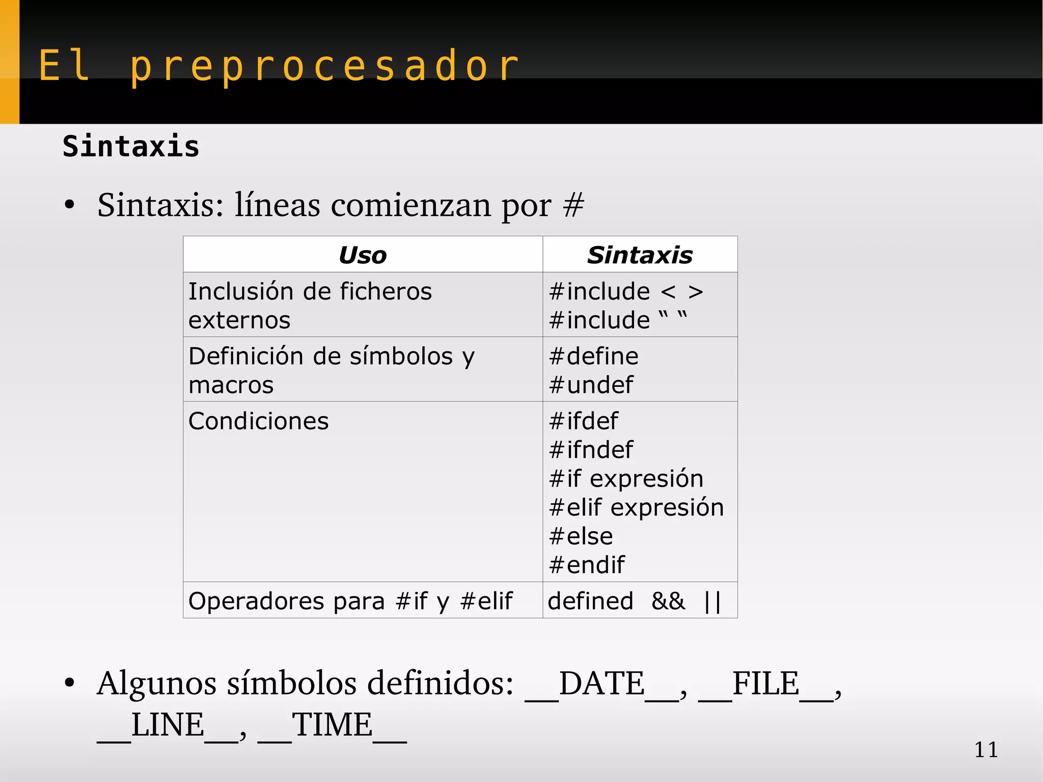 El preprocesador
Sintaxis
●
    Sintaxis: líneas comienzan por #
                       Uso                Sintaxis
         Inclusión de ficheros         #include < >
         externos                      #include “ “
         Definición de símbolos y      #define
         macros                        #undef
         Condiciones                   #ifdef
                                       #ifndef
                                       #if expresión
                                       #elif expresión
                                       #else
                                       #endif
         Operadores para #if y #elif   defined && ||


●
    Algunos símbolos definidos: __DATE__, __FILE__, 
    __LINE__, __TIME__
                                                         11
 