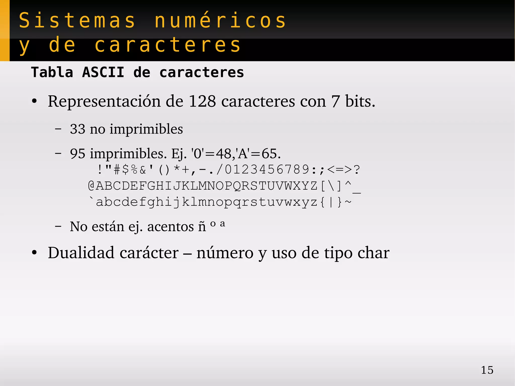 Sistemas numéricos
y de caracteres
Tabla ASCII de caracteres
●
    Representación de 128 caracteres con 7 bits.
    –   33 no imprimibles
    –   95 imprimibles. Ej. '0'=48,'A'=65. 
            !"#$%&'()*+,-./0123456789:;<=>?
          @ABCDEFGHIJKLMNOPQRSTUVWXYZ[]^_
          `abcdefghijklmnopqrstuvwxyz{|}~
    –   No están ej. acentos ñ º ª
●
    Dualidad carácter – número y uso de tipo char




                                                    15
 