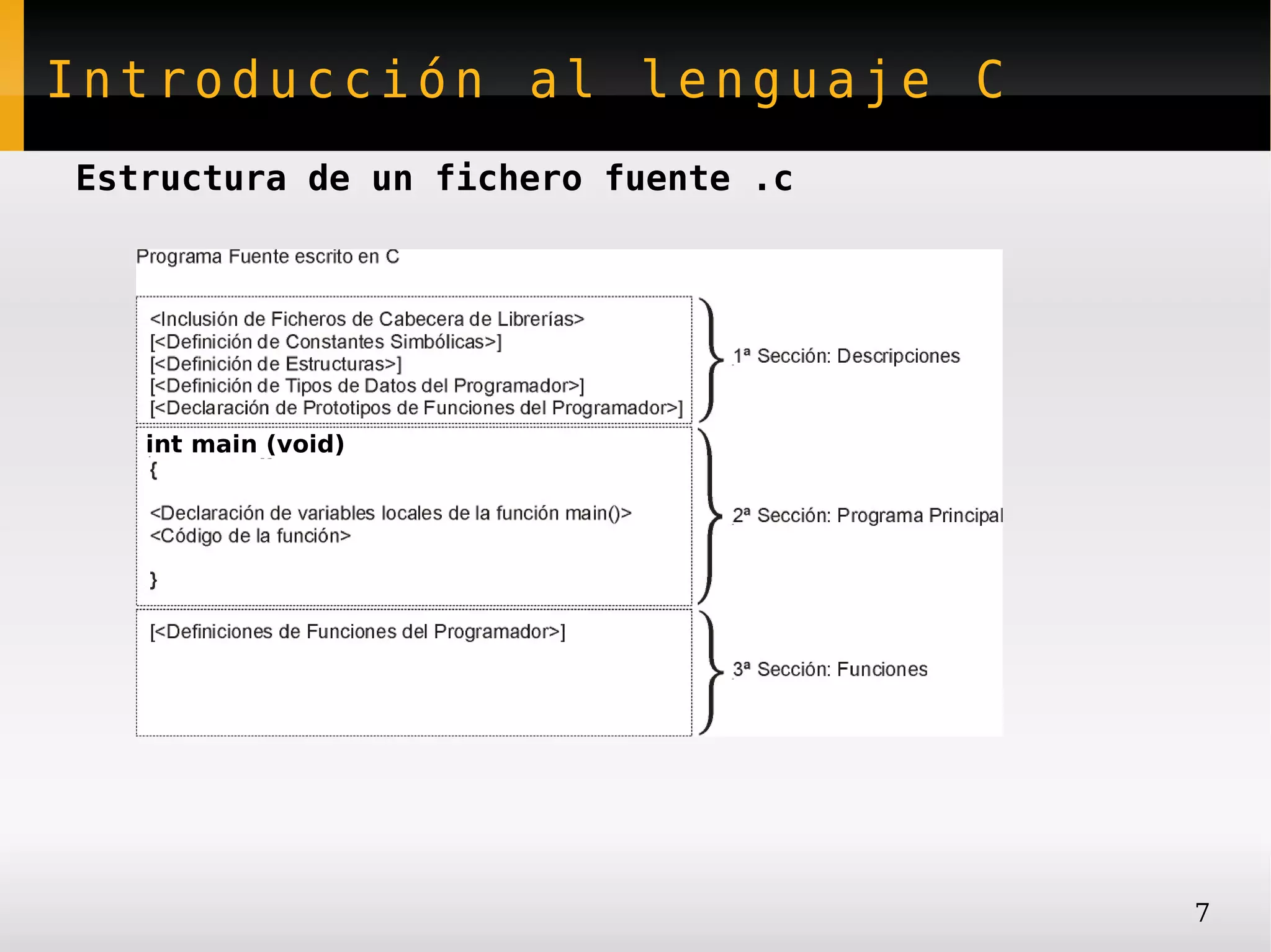 Introducción al lenguaje C
Estructura de un fichero fuente .c




   int main (void)




                                     7
 