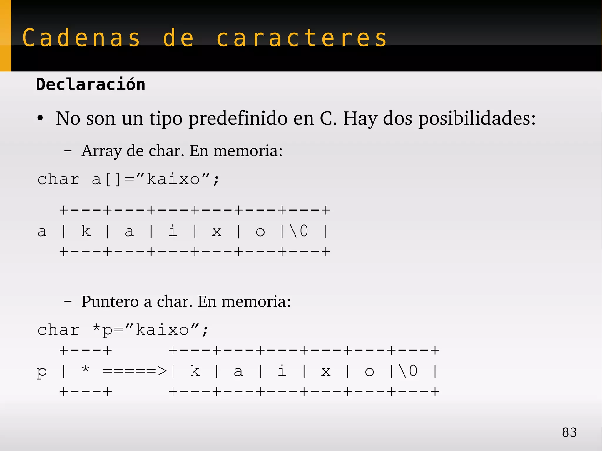 Cadenas de caracteres
Declaración
●
    No son un tipo predefinido en C. Hay dos posibilidades:
    –   Array de char. En memoria:
char a[]=”kaixo”;
  +---+---+---+---+---+---+
a | k | a | i | x | o |0 |
  +---+---+---+---+---+---+

    –   Puntero a char. En memoria:
char *p=”kaixo”;
  +---+     +---+---+---+---+---+---+
p | * =====>| k | a | i | x | o |0 |
  +---+     +---+---+---+---+---+---+

                                                              83
 