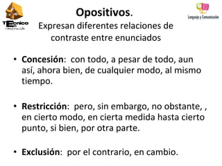 Opositivos .  Expresan diferentes relaciones de contraste entre enunciados Concesión :  con todo, a pesar de todo, aun así, ahora bien, de cualquier modo, al mismo tiempo.  Restricción :  pero, sin embargo, no obstante, , en cierto modo, en cierta medida hasta cierto punto, si bien, por otra parte.  Exclusión :  por el contrario, en cambio. 