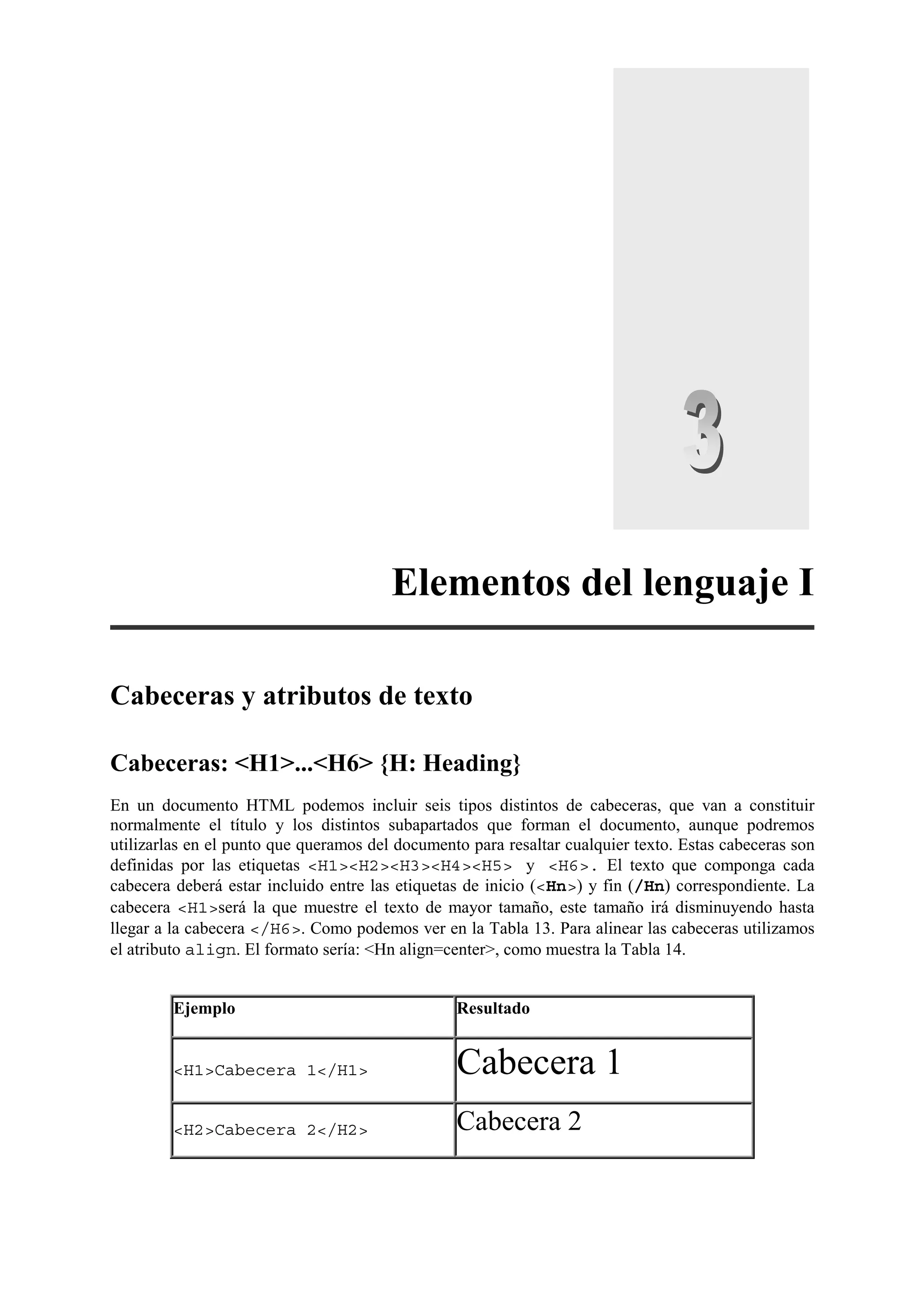 Elementos del lenguaje I

Cabeceras y atributos de texto

Cabeceras: <H1>...<H6> {H: Heading}
En un documento HTML podemos incluir seis tipos distintos de cabeceras, que van a constituir
normalmente el título y los distintos subapartados que forman el documento, aunque podremos
utilizarlas en el punto que queramos del documento para resaltar cualquier texto. Estas cabeceras son
definidas por las etiquetas <H1><H2><H3><H4><H5> y <H6>. El texto que componga cada
cabecera deberá estar incluido entre las etiquetas de inicio (<Hn>) y fin (/Hn) correspondiente. La
cabecera <H1>será la que muestre el texto de mayor tamaño, este tamaño irá disminuyendo hasta
llegar a la cabecera </H6>. Como podemos ver en la Tabla 13. Para alinear las cabeceras utilizamos
el atributo align. El formato sería: <Hn align=center>, como muestra la Tabla 14.


         Ejemplo                                 Resultado


         <H1>Cabecera 1</H1>                     Cabecera 1
         <H2>Cabecera 2</H2>                     Cabecera 2
 