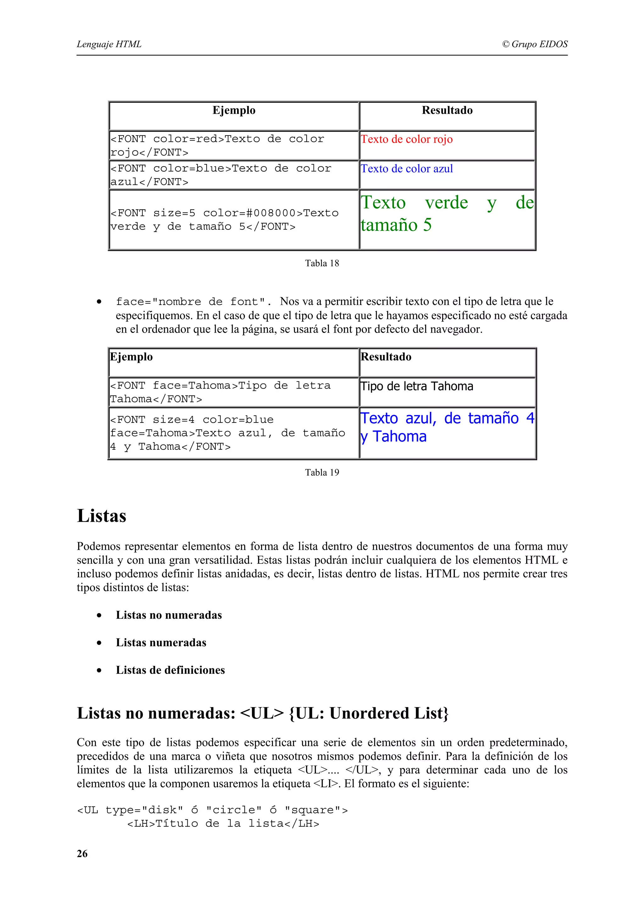 Lenguaje HTML                                                                            © Grupo EIDOS




                             Ejemplo                                    Resultado

         <FONT color=red>Texto de color                    Texto de color rojo
         rojo</FONT>
         <FONT color=blue>Texto de color                   Texto de color azul
         azul</FONT>

         <FONT size=5 color=#008000>Texto
                                                           Texto verde y de
         verde y de tamaño 5</FONT>                        tamaño 5
                                                Tabla 18


     •   face="nombre de font". Nos va a permitir escribir texto con el tipo de letra que le
         especifiquemos. En el caso de que el tipo de letra que le hayamos especificado no esté cargada
         en el ordenador que lee la página, se usará el font por defecto del navegador.

         Ejemplo                                           Resultado

         <FONT face=Tahoma>Tipo de letra                   Tipo de letra Tahoma
         Tahoma</FONT>
         <FONT size=4 color=blue                           Texto azul, de tamaño 4
         face=Tahoma>Texto azul, de tamaño                 y Tahoma
         4 y Tahoma</FONT>

                                                Tabla 19



Listas
Podemos representar elementos en forma de lista dentro de nuestros documentos de una forma muy
sencilla y con una gran versatilidad. Estas listas podrán incluir cualquiera de los elementos HTML e
incluso podemos definir listas anidadas, es decir, listas dentro de listas. HTML nos permite crear tres
tipos distintos de listas:

     •   Listas no numeradas

     •   Listas numeradas

     •   Listas de definiciones


Listas no numeradas: <UL> {UL: Unordered List}
Con este tipo de listas podemos especificar una serie de elementos sin un orden predeterminado,
precedidos de una marca o viñeta que nosotros mismos podemos definir. Para la definición de los
límites de la lista utilizaremos la etiqueta <UL>.... </UL>, y para determinar cada uno de los
elementos que la componen usaremos la etiqueta <LI>. El formato es el siguiente:

<UL type="disk" ó "circle" ó "square">
       <LH>Título de la lista</LH>

26
 