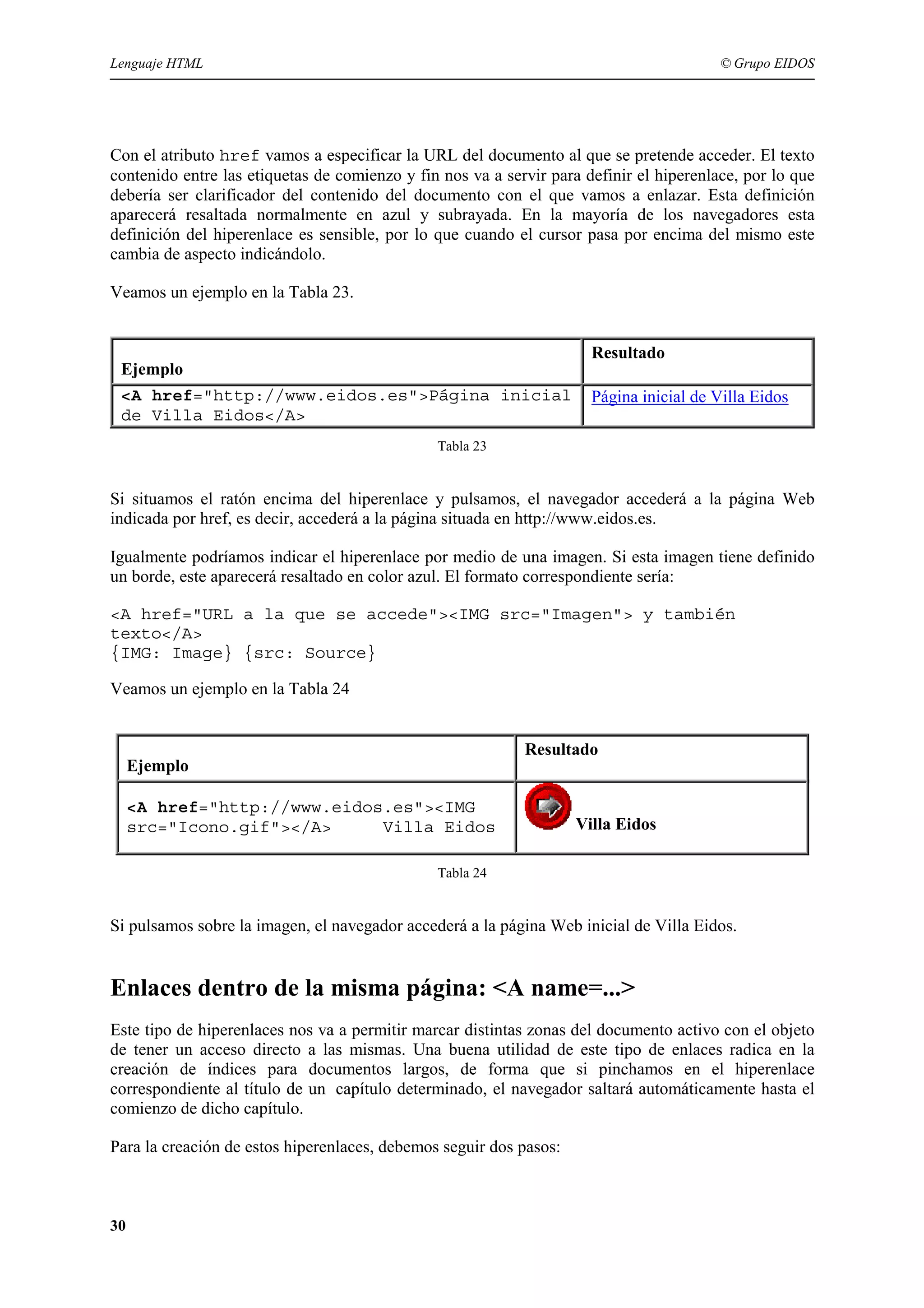 Lenguaje HTML                                                                            © Grupo EIDOS




Con el atributo href vamos a especificar la URL del documento al que se pretende acceder. El texto
contenido entre las etiquetas de comienzo y fin nos va a servir para definir el hiperenlace, por lo que
debería ser clarificador del contenido del documento con el que vamos a enlazar. Esta definición
aparecerá resaltada normalmente en azul y subrayada. En la mayoría de los navegadores esta
definición del hiperenlace es sensible, por lo que cuando el cursor pasa por encima del mismo este
cambia de aspecto indicándolo.

Veamos un ejemplo en la Tabla 23.


                                                                      Resultado
 Ejemplo
 <A href="http://www.eidos.es">Página inicial                         Página inicial de Villa Eidos
 de Villa Eidos</A>
                                               Tabla 23


Si situamos el ratón encima del hiperenlace y pulsamos, el navegador accederá a la página Web
indicada por href, es decir, accederá a la página situada en http://www.eidos.es.

Igualmente podríamos indicar el hiperenlace por medio de una imagen. Si esta imagen tiene definido
un borde, este aparecerá resaltado en color azul. El formato correspondiente sería:

<A href="URL a la que se accede"><IMG src="Imagen"> y también
texto</A>
{IMG: Image} {src: Source}

Veamos un ejemplo en la Tabla 24


                                                            Resultado
     Ejemplo

     <A href="http://www.eidos.es"><IMG
     src="Icono.gif"></A>     Villa Eidos                           Villa Eidos

                                               Tabla 24


Si pulsamos sobre la imagen, el navegador accederá a la página Web inicial de Villa Eidos.


Enlaces dentro de la misma página: <A name=...>
Este tipo de hiperenlaces nos va a permitir marcar distintas zonas del documento activo con el objeto
de tener un acceso directo a las mismas. Una buena utilidad de este tipo de enlaces radica en la
creación de índices para documentos largos, de forma que si pinchamos en el hiperenlace
correspondiente al título de un capítulo determinado, el navegador saltará automáticamente hasta el
comienzo de dicho capítulo.

Para la creación de estos hiperenlaces, debemos seguir dos pasos:



30
 