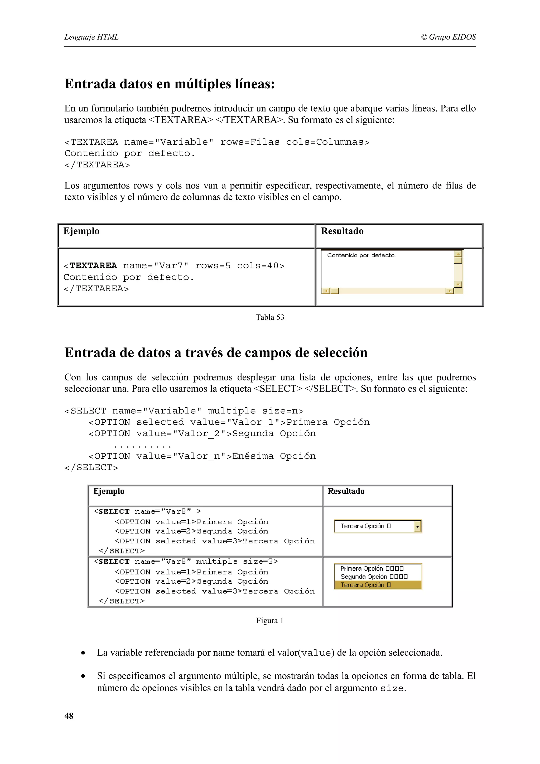 Lenguaje HTML                                                                          © Grupo EIDOS




Entrada datos en múltiples líneas:
En un formulario también podremos introducir un campo de texto que abarque varias líneas. Para ello
usaremos la etiqueta <TEXTAREA> </TEXTAREA>. Su formato es el siguiente:

<TEXTAREA name="Variable" rows=Filas cols=Columnas>
Contenido por defecto.
</TEXTAREA>

Los argumentos rows y cols nos van a permitir especificar, respectivamente, el número de filas de
texto visibles y el número de columnas de texto visibles en el campo.


Ejemplo                                                        Resultado


<TEXTAREA name="Var7" rows=5 cols=40>
Contenido por defecto.
</TEXTAREA>

                                               Tabla 53



Entrada de datos a través de campos de selección
Con los campos de selección podremos desplegar una lista de opciones, entre las que podremos
seleccionar una. Para ello usaremos la etiqueta <SELECT> </SELECT>. Su formato es el siguiente:

<SELECT name="Variable" multiple size=n>
    <OPTION selected value="Valor_1">Primera Opción
    <OPTION value="Valor_2">Segunda Opción
        ..........
    <OPTION value="Valor_n">Enésima Opción
</SELECT>




                                               Figura 1


     •   La variable referenciada por name tomará el valor(value) de la opción seleccionada.

     •   Si especificamos el argumento múltiple, se mostrarán todas la opciones en forma de tabla. El
         número de opciones visibles en la tabla vendrá dado por el argumento size.

48
 