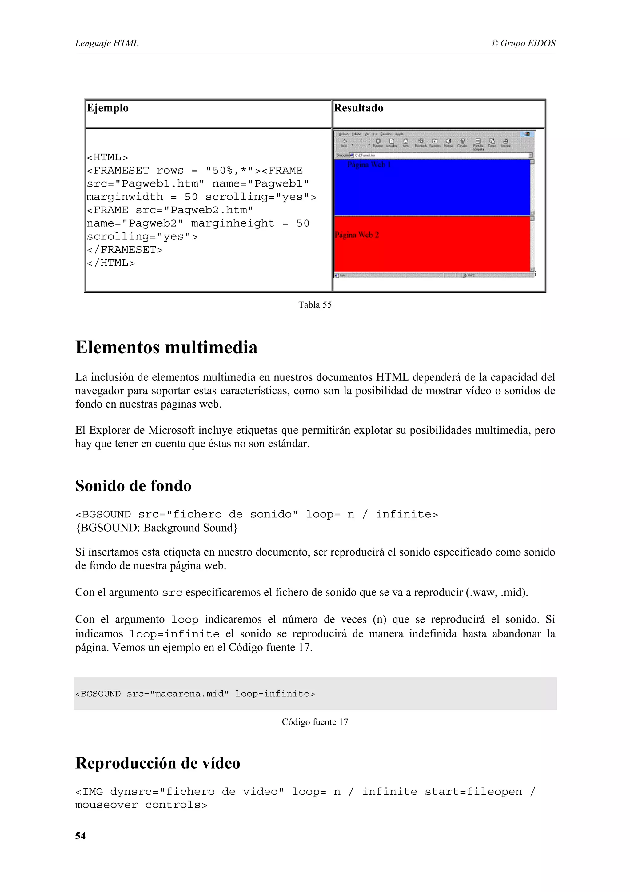 Lenguaje HTML                                                                         © Grupo EIDOS




     Ejemplo                                             Resultado



     <HTML>
     <FRAMESET rows = "50%,*"><FRAME
     src="Pagweb1.htm" name="Pagweb1"
     marginwidth = 50 scrolling="yes">
     <FRAME src="Pagweb2.htm"
     name="Pagweb2" marginheight = 50
     scrolling="yes">
     </FRAMESET>
     </HTML>


                                              Tabla 55



Elementos multimedia
La inclusión de elementos multimedia en nuestros documentos HTML dependerá de la capacidad del
navegador para soportar estas características, como son la posibilidad de mostrar vídeo o sonidos de
fondo en nuestras páginas web.

El Explorer de Microsoft incluye etiquetas que permitirán explotar su posibilidades multimedia, pero
hay que tener en cuenta que éstas no son estándar.


Sonido de fondo
<BGSOUND src="fichero de sonido" loop= n / infinite>
{BGSOUND: Background Sound}

Si insertamos esta etiqueta en nuestro documento, ser reproducirá el sonido especificado como sonido
de fondo de nuestra página web.

Con el argumento src especificaremos el fichero de sonido que se va a reproducir (.waw, .mid).

Con el argumento loop indicaremos el número de veces (n) que se reproducirá el sonido. Si
indicamos loop=infinite el sonido se reproducirá de manera indefinida hasta abandonar la
página. Vemos un ejemplo en el Código fuente 17.


<BGSOUND src="macarena.mid" loop=infinite>


                                           Código fuente 17



Reproducción de vídeo
<IMG dynsrc="fichero de video" loop= n / infinite start=fileopen /
mouseover controls>

54
 
