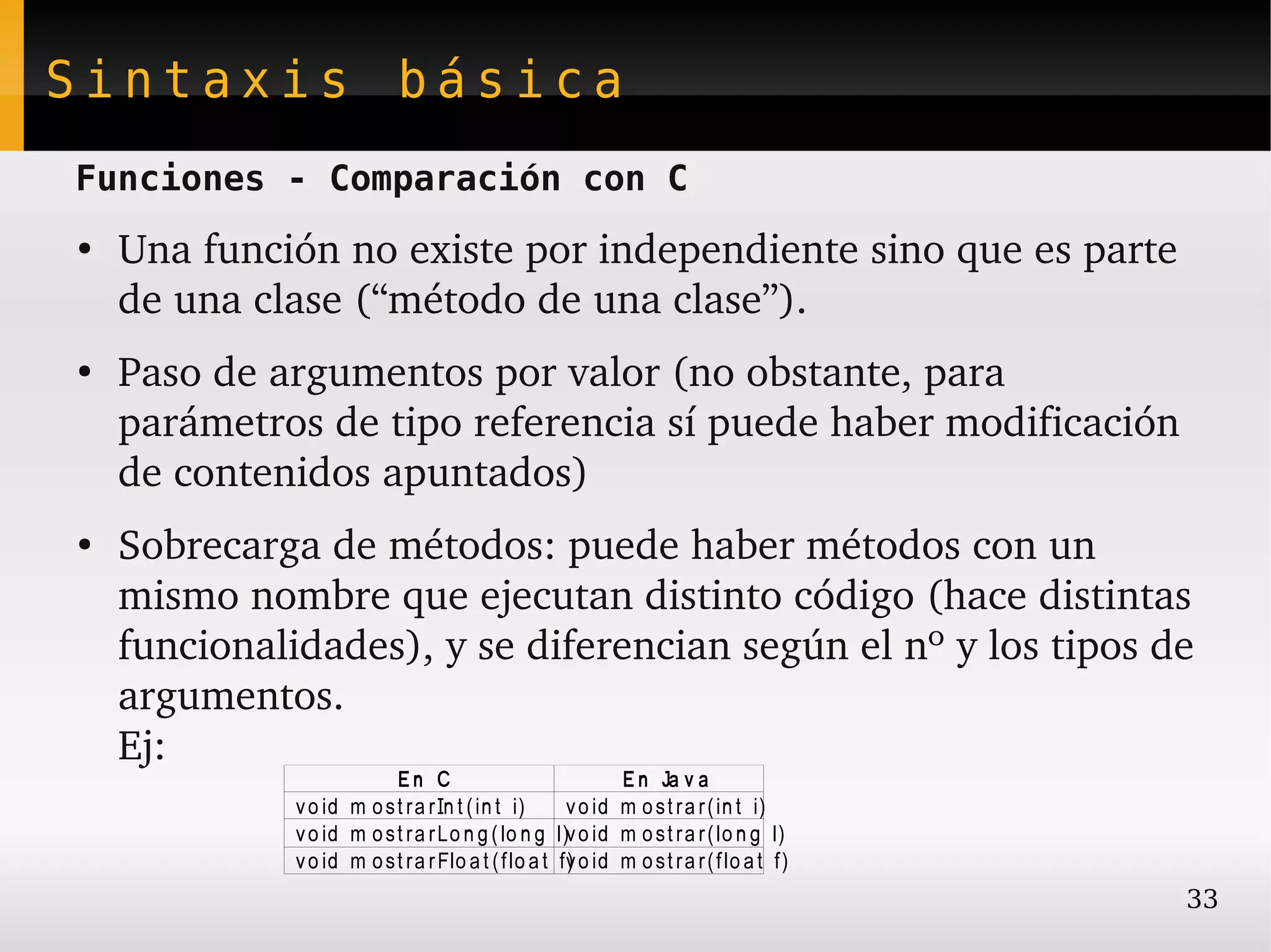 Sintaxis básica
Funciones - Comparación con C
●
    Una función no existe por independiente sino que es parte 
    de una clase (“método de una clase”).
●
    Paso de argumentos por valor (no obstante, para 
    parámetros de tipo referencia sí puede haber modificación 
    de contenidos apuntados)
●
    Sobrecarga de métodos: puede haber métodos con un 
    mismo nombre que ejecutan distinto código (hace distintas 
    funcionalidades), y se diferencian según el nº y los tipos de 
    argumentos.
    Ej:
                           En C                                E n Ja v a
              v o id m o s t ra r In t ( in t i)      v o id   m o s t r a r ( in t i)
              v o id m o s t ra r Lo n g ( lo n g l)v o id     m o s t r a r ( lo n g l)
              v o id m o s t ra r Flo a t ( f lo a t f) o id
                                                      v        m o s t r a r ( f lo a t f)
                                                                                             33
 