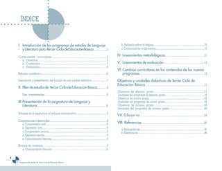 ÍNDICE


    I. Introducción de los programas de estudio de Lenguaje                                                                     b. Reflexión sobre la lengua..…............................…………..............……….......10
       y Literatura para Tercer Ciclo de Educación Básica......…….....5                                                         c. Comunicación oral y escrita...............................................…...…......………...10

    Componentes curriculares…………………………………………………………5                                                                         IV. Lineamientos metodológicos…………………………………………10
      a. Objetivos………………………………………………………………………..5
      b. Contenidos….……….…………………………………………………………5                                                                            V. Lineamientos de evaluación…………...………………………………13
      c. Evaluación................................……....…………….……………………….6
                                                                                                                            VI. Cambios curriculares en los contenidos de los nuevos
    Refuerzo académico................................……....…………….………………………….6                                                  programas……………......................................................................…………14
    Descripción y presentación del formato de una unidad didáctica….………....…7                                               Objetivos y unidades didácticas de Tercer Ciclo de
                                                                                                                            Educación Básica………………………………………………………………15
    II. Plan de estudio de Tercer Ciclo de Educación Básica............…8
                                                                                                                            Objetivos de séptimo grado……………………………………………………15
         Ejes transversales…………………………………………………………………8                                                                       Unidades del programa de séptimo grado……………………….......……………16
                                                                                                                            Objetivos de octavo grado………………………….................……………………43
    III. Presentación de la asignatura de Lenguaje y                                                                        Unidades del programa de octavo grado…………………………………………44
         Literatura…............................…….…....................................................................8   Objetivos de noveno grado……………………………………………………68
                                                                                                                            Unidades del programa de noveno grado……………………………………69
    Enfoque de la asignatura: el enfoque comunicativo....................................…….8
                                                                                                                            VII.Glosario ………..........……..............………………………………94
    Competencias a desarrollar.…………………………………….....…..……….………9
      a. Comprensión oral……………………………………………..…………….……9                                                                       VIII. Referencias……………………………………………………………………95
      b. Expresión oral.……………............................…………..............………….…….9
                                                                                                                                a. Bibliográficas……………………………………………………………………..95
      c. Comprensión lectora.......................................................…...…......……….……..9                         b. Electrónicas………………………………………………………………………96
      d. Expresión escrita............................................................…...….......……….….….9
      e. Comunicación literaria...................................................…....…......……….……9

    Bloques de contenido………………………………….………………………………..9
       a. Comunicación literaria………………………………………….……………....9


     Programas de estudio de Tercer Ciclo de Educación Básica
 