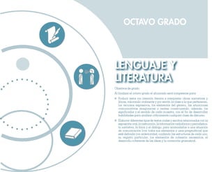 OCTAVO GRADO




LENGUAJE Y
LITERATURA
Objetivos de grado.
Al finalizar el octavo grado el alumnado será competente para:
  Producir textos con intención literaria e interpretar obras narrativas y
  líricas, valorando oralmente y por escrito la clase a la que pertenecen,
  los recursos expresivos, los elementos del género, las situaciones
  comunicativas imaginarias y reales; construyendo, además, los
  significados y el sentido de cada muestra, con el fin de desarrollar
  habilidades para analizar críticamente cualquier clase de discurso.
  Elaborar diferentes tipos de textos orales y escritos relacionados con la
  exposición oral, la instrucción, la información radiofónica y periodística,
  la narrativa, la lírica y el diálogo, para acomodarlos a una situación
  de comunicación (con todos sus elementos y usos pragmáticos) que
  esté definida con anterioridad, cuidando las estructuras de cada uno,
  su registro particular, los elementos de cohesión necesarios, el
  desarrollo coherente de las ideas y la corrección gramatical.
 