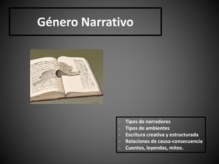 Género Narrativo
- Tipos de narradores
- Tipos de ambientes
- Escritura creativa y estructurada
- Relaciones de causa-consecuencia
- Cuentos, leyendas, mitos.
 