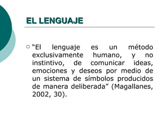 EL LENGUAJE


   “El    lenguaje es   un   método
    exclusivamente humano, y no
    instintivo, de comunicar ideas,
    emociones y deseos por medio de
    un sistema de símbolos producidos
    de manera deliberada” (Magallanes,
    2002, 30).
 