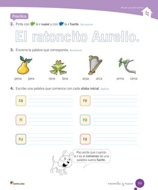 noventa y nueve
Leer y escribir la letra r
Practica
3. Encierra la palabra que corresponda. Reconocer
pena pera rana lana arpa arca arma rama
4. Escribe una palabra que comience con cada sílaba inicial. Aplicar
ra re
ri ro
ru ra
Recuerda que cuando
la r va al comienzo de una
palabra suena fuerte.
2. Pinta con la r suave y con la r fuerte. Reconocer
99
 