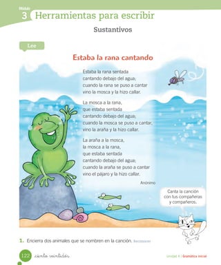 _ciento veintidós
Sustantivos
Lee
Unidad 4 / Gramática inicial
Módulo
3 Herramientas para escribir
Estaba la rana cantando
Canta la canción
con tus compañeras
y compañeros.
1. Encierra dos animales que se nombren en la canción. Reconocer
Estaba la rana sentada
cantando debajo del agua;
cuando la rana se puso a cantar
vino la mosca y la hizo callar.
La mosca a la rana,
que estaba sentada
cantando debajo del agua;
cuando la mosca se puso a cantar,
vino la araña y la hizo callar.
La araña a la mosca,
la mosca a la rana,
que estaba sentada
cantando debajo del agua;
cuando la araña se puso a cantar
vino el pájaro y la hizo callar.
Anónimo
122
 