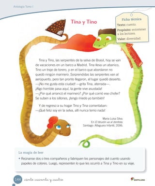_ciento _cuarenta y _cuatro
Antología Tomo I
Tina y Tino
La magia de leer
• Reúnanse dos o tres compañeros y fabriquen los personajes del cuento usando
papeles de colores. Luego, representen lo que les ocurrió a Tina y Tino en su viaje.
Tina y Tino
Tina y Tino, las serpientes de la selva de Brasil, hoy se van
de vacaciones en un barco a Madrid. Tina lleva un abanico,
Tino un traje de torero, y en el barco que abordaron no
quedó ningún marinero. Sorprendidas las serpientes van al
aeropuerto, pero tan pronto llegaron, el lugar quedó desierto.
—¡No me gusta esta ciudad! —grita Tina, aterrada—.
¡Algo horrible pasa aquí, la gente vive asustada!
—¿Por qué arrancó el marinero? ¿Por qué corrió ese chofer?
Se suben a los sillones, ¡tengo miedo yo también!
Y de regreso a su hogar Tino y Tina comentaban:
—¡Qué feliz soy en la selva, allí nunca temo nada!
María Luisa Silva.
En El tiburón va al dentista.
Santiago: Alfaguara Infantil, 2006.
Ficha técnica
Texto: cuento.
Propósito: entretener
a los lectores.
Valor: diversidad.
144
 