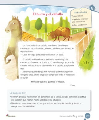 _ciento _cuarenta y _cinco
La magia de leer
• Formen grupos y representen los personajes de la fábula. Luego, comenten la actitud
del caballo y qué habrían hecho ustedes en su situación.
• Mencionen otras situaciones en las que podrían ayudar a los demás, y firmen un
compromiso de solidaridad.
El burro y el caballo
Un hombre tenía un caballo y un burro. Un día que
caminaban hacia la ciudad, el burro, sintiéndose cansado, le
dijo al caballo:
—Lleva mi carga para poder descansar un poco.
El caballo se hizo el sordo y el burro se desmayó de
cansancio. Entonces, el dueño echó toda la carga encima del
caballo, incluso al burro desmayado. Y el caballo, suspirando,
dijo:
—¡Qué mala suerte tengo! Por no haber querido cargar con
un ligero fardo, ahora tengo que cargar con todo, ¡y hasta con
el burro!
Moraleja: ayuda a quienes te rodean.
Esopo
Ficha técnica
Texto: fábula.
Propósito: entregar
una enseñanza.
Valor: solidaridad.
145
 