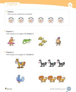 Pegatinas
161_ciento _sesenta y _uno
Pegatina 1
Para trabajar en la página 28 (Unidad 1)
Pegatina 2
Para trabajar en la página 61 (Unidad 2)
Pegatina
Para usar en ¿Cuánto has avanzado?
 