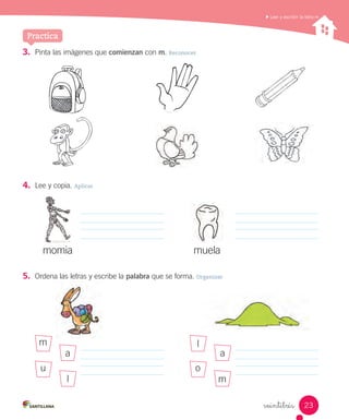 veintitrés
3. Pinta las imágenes que comienzan con m. Reconocer
4. Lee y copia. Aplicar
5. Ordena las letras y escribe la palabra que se forma. Organizar
momia muela
l
o
a
m
m
u
a
l
Leer y escribir la letra m
Practica
23
 
