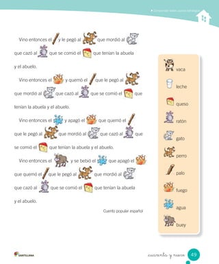 _cuarenta y nueve
Comprender textos usando estrategias
Vino entonces el y le pegó al que mordió al
que cazó al que se comió el que tenían la abuela
y el abuelo.
Vino entonces el y quemó el que le pegó al
que mordió al que cazó al que se comió el que
tenían la abuela y el abuelo.
Vino entonces el y apagó el que quemó el
que le pegó al que mordió al que cazó al que
se comió el que tenían la abuela y el abuelo.
Vino entonces el y se bebió el que apagó el
que quemó el que le pegó al que mordió al
que cazó al que se comió el que tenían la abuela
y el abuelo.
Cuento popular español
vaca
leche
queso
ratón
gato
perro
palo
fuego
agua
buey
49
 