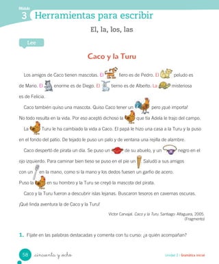 _cincuenta y _ocho
El, la, los, las
Caco y la Turu
Los amigos de Caco tienen mascotas. El fiero es de Pedro. El peludo es
de Mario. El enorme es de Diego. El tierno es de Alberto. La misteriosa
es de Felicia.
Caco también quiso una mascota. Quiso Caco tener un pero ¡qué importa!
No todo resulta en la vida. Por eso aceptó dichoso la que tía Adela le trajo del campo.
La Turu le ha cambiado la vida a Caco. El papá le hizo una casa a la Turu y la puso
en el fondo del patio. De tejado le puso un palo y de ventana una rejilla de alambre.
Caco despertó de pirata un día. Se puso un de su abuelo, y un negro en el
ojo izquierdo. Para caminar bien tieso se puso en el pie un . Saludó a sus amigos
con un en la mano, como si la mano y los dedos fuesen un garfio de acero.
Puso la en su hombro y la Turu se creyó la mascota del pirata.
Caco y la Turu fueron a descubrir islas lejanas. Buscaron tesoros en cavernas oscuras.
¡Qué linda aventura la de Caco y la Turu!
Víctor Carvajal. Caco y la Turu. Santiago: Alfaguara, 2005.
(Fragmento)
1. Fíjate en las palabras destacadas y comenta con tu curso: ¿a quién acompañan?
Módulo
3 Herramientas para escribir
Lee
Unidad 2 / Gramática inicial58
 