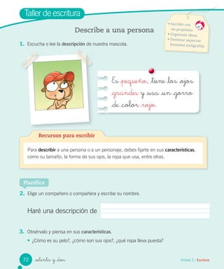 _setenta y _dos
Taller de escritura
Describe a una persona
1. Escucha o lee la descripción de nuestra mascota.
Recursos para escribir
Para describir a una persona o a un personaje, debes fijarte en sus características,
como su tamaño, la forma de sus ojos, la ropa que usa, entre otras.
Es _pequeño, _tiene _los _ojos
_grandes y _usa _un _gorro
_de _color _rojo.
2. Elige un compañero o compañera y escribe su nombre.
3. Obsérvalo y piensa en sus características.
• ¿Cómo es su pelo?, ¿cómo son sus ojos?, ¿qué ropa lleva puesta?
Haré una descripción de
Planifica
• Escribir con
un propósito.
• Organizar ideas.
• Dominar aspectos
formales (caligrafía).
Unidad 2 / Escritura72
 