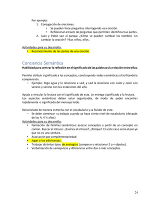 24
Por ejemplo:
1. Conjugación de oraciones.
▪ Se pueden hace preguntas interrogando esa oración.
▪ Reflexionar através de preguntas que permitan identificarsus partes.
2. Juan y Pablo van al parque ¿Cómo se pueden cambiar los nombres sin
cambiar la oración? Los niños, ellos.
Actividades para su desarrollo:
▪ Reconocimiento de las partes de una oración
Conciencia Semántica
Habilidadparacentrarlareflexión enelsignificadodelaspalabrasyla relaciónentreellas.
Permite atribuir significado a los conceptos, construyendo redes semánticas y facilitando la
comprensión.
− Ejemplo: Digo agua y lo relaciono a sed, y sed la relaciono con calor y calor con
verano y verano con las estaciones del año.
Ayuda a vincular la lectura con el significado de esta. Le entrega significado a la lectura.
Los aspectos semánticos deben estar organizados, de modo de poder encontrar
rápidamente e significado del mensaje leído.
Relacionado de manera estrecha con el vocabulario y la fluidez de este.
− Se debe comenzar su trabajo cuando ya haya cierto nivel de vocabulario (después
de los 4, 4 ½ años)
Actividades para su desarrollo:
▪ Formación de familias semánticas: asociar conceptos a partir de un concepto en
común. Buscar el intruso: ¿Cuál es el intruso?; ¿Porque? En este caso sería el pan ya
que no es una verdura.
▪ Asociación por complementariedad.
▪ Jugar a las adivinanzas.
▪ Trabajar distintos tipos de analogías (comparar o relacionar 2 o + objetos).
▪ Verbalización de semejanzas y diferencias entre dos o más conceptos.
 